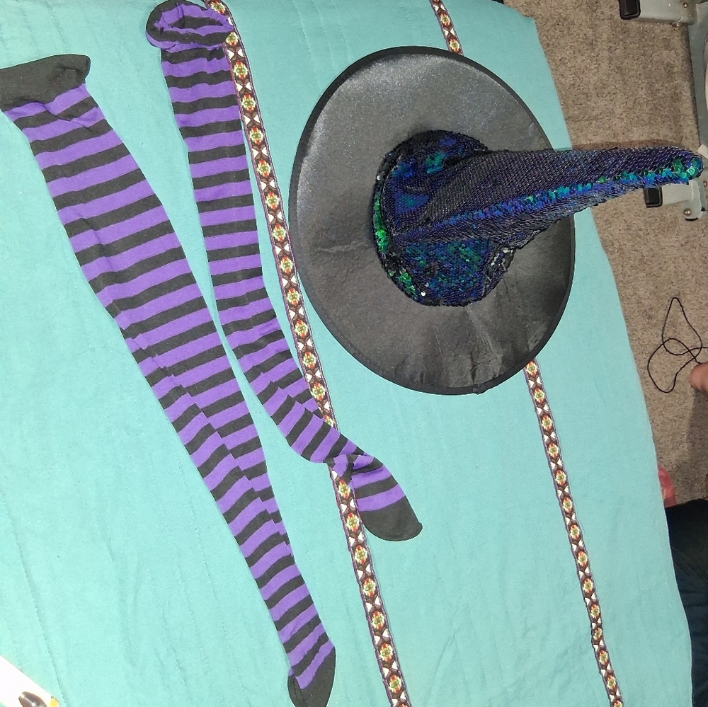 Purple and Black Striped Witch Hat and Stockings.